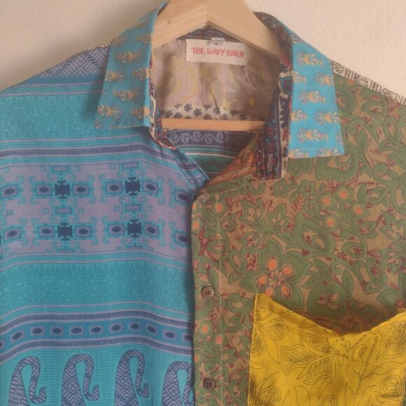 The Wavy Bunch Mens Patchwork Shirt L Festival Slim Fit Silky Upcycled Shirt - Picture 3 of 9